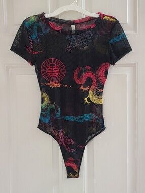 Vtg Y2K Chocolate USA Mesh Asian Inspired Bodysuit Size S Sheer Dragon Colorful